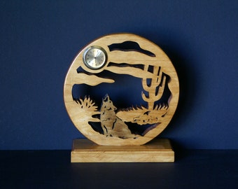 Coyote Howling in the Desert Wood Desk Clock Scroll Saw Cut