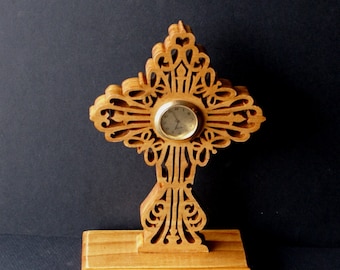 Wood Ornate Butterfly  Cross Desk Clock Scroll Saw Cut