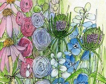 Watercolor Garden Flowers Botanical Teasel Hollyhock Coneflower Delphinium Original Art Framed