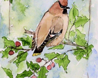 Woodland Bird Watercolor Cedar Waxwing Nature Art White Matte