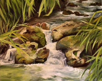 Woodland Water Landscape Peaceful Stream Oil on Canvas Original Painting Nature Art Brook