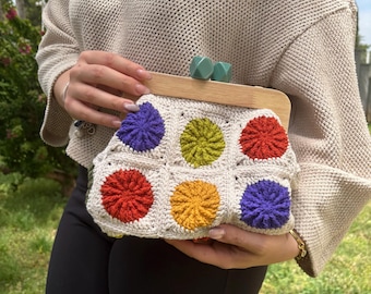 Granny Square Crochet Clutch: Boho Kiss Lock Purse with Wooden Frame