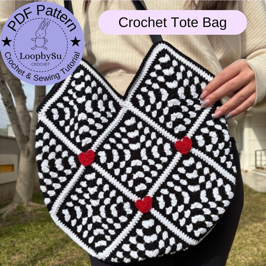 Granny Square Crochet Tote Bag PDF Pattern: Heart Detail, Sewing