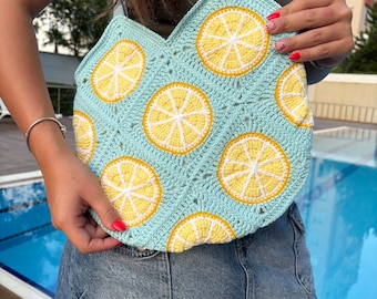 Crochet Lemon Granny Square Tote Bag: Handmade Blue & Yellow Cotton Shoulder Bag