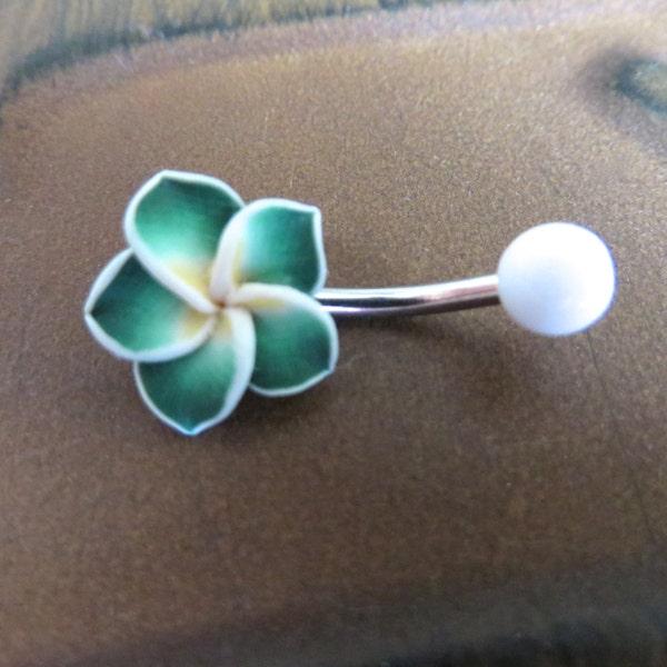 Belly Button Ring, Green Hawaiian Flower Belly Button Ring Hawaii Plumeria Navel Stud Jewelry Bar Barbell Piercing Tropical Hibiscus