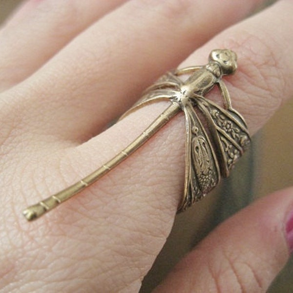 Last One- Dragonfly Ring- Antique Brass Detailed Dragon Fly Statement Adjustable Finger Wrap