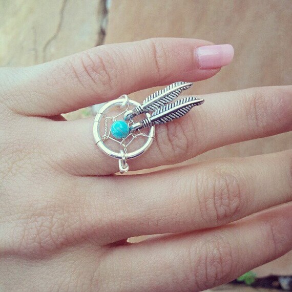 Items similar to Turquoise Stone Dream Catcher Double Feather Ring Two