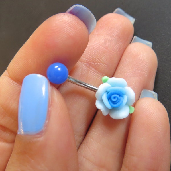 Belly Button Ring Jewelry, Detailed Blue Rose Belly Button Ring Flower Navel Stud Jewelry Bar Barbell Piercing Belly Button Ring Jewelry