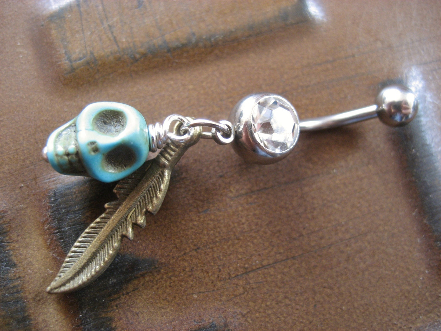 Belly Button Jewelry Turquoise Skull Feather Charm Dangle Etsy