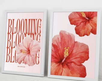 Blooming Aesthetic 2 Piece Oversize Poster Set Pink Hibiscus Flower Set Living Room Oversize Aesthetic Poster Set