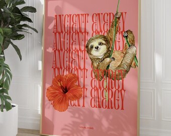 Pink Sloth Hibiscus Print: Trendy Dorm Decor (Digital Art)