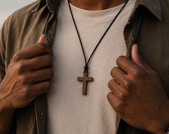 Collar con cruz de madera para hombre y mujer / Colgante ajustable de fe cristiana