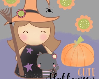 Cute Witch Clipart, Witch clipart, Cute Halloween clipart, Cute Cat Clipart, Girl Clipart, Cat Clipart, Digital, Clipart, Illustration