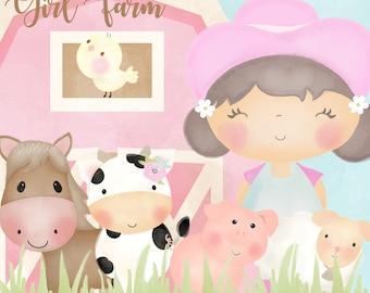 Farm, Watercolor Animals, Farmer girl clipart, Farm Animals , farm, barn, farmyard animals, sheep, cow, horse, chicken