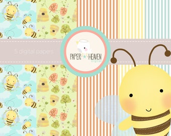 Cute bees digital papers - paper pack - paper collections - digital backgrounds - COMMERCIAL USE OK