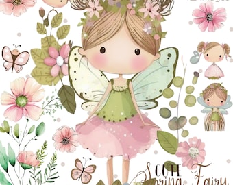 Fairy Clipart, Cute Girl Clipart, Spring Clipart, Flowers Clipart, Digital Download, Fairy Illustration, Watercolor Clipart