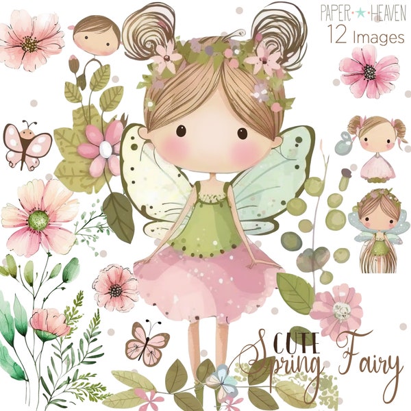 Fairy Clipart, Cute Girl Clipart, Spring Clipart, Flowers Clipart, Digital Download, Fairy Illustration, Watercolor Clipart