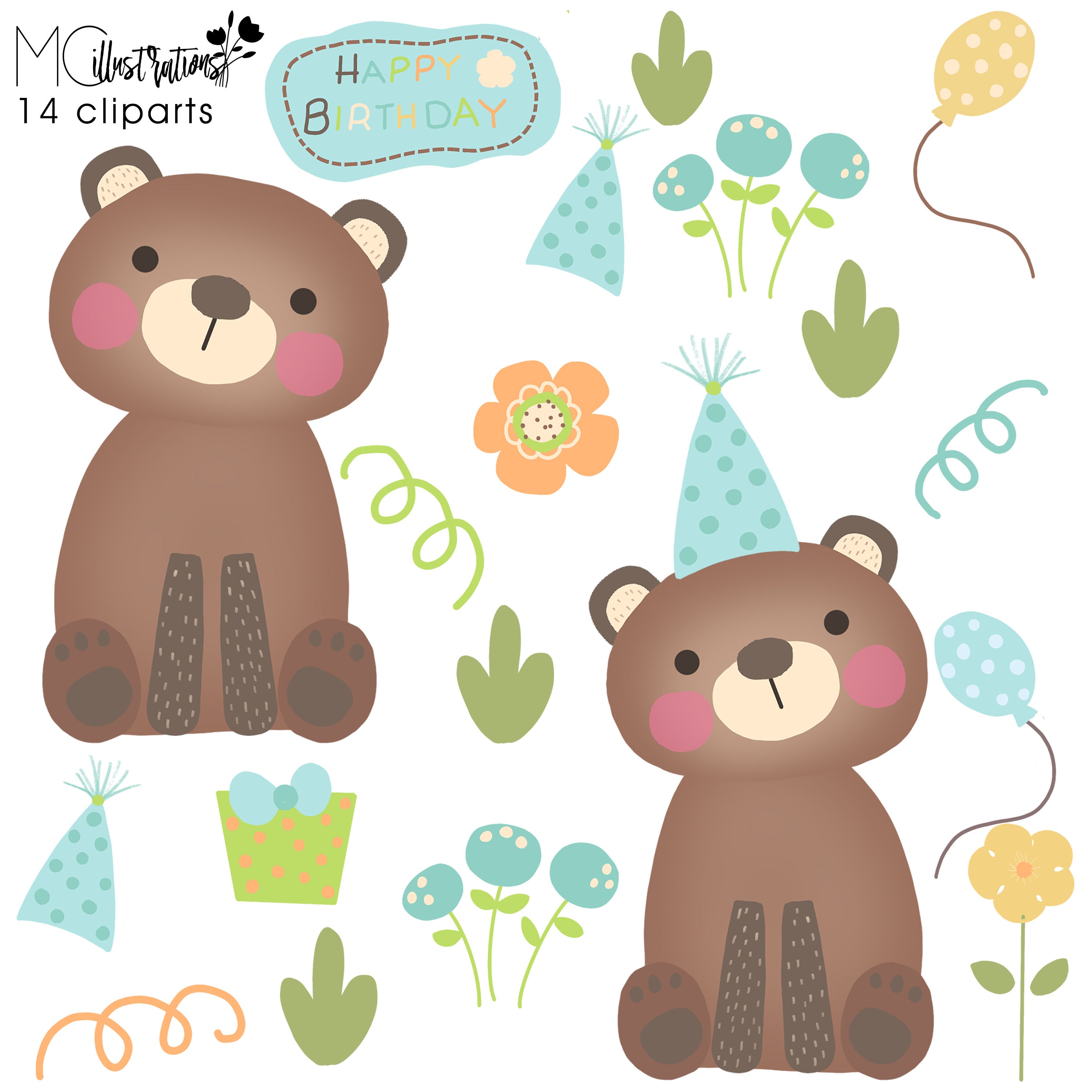 Bear Birthday party Clipart Cute Bear clipart commercial use Happy birthday Birthday elements,PNG Download,printable digital clipart set