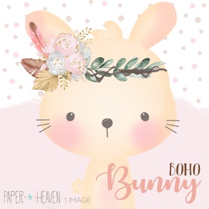 Boho Bunny, Animales del bosque, Animales boho, Baby Bunny Clipart, Bunny, Baby Shower Clip Art, Lindo, Conejito ilustración