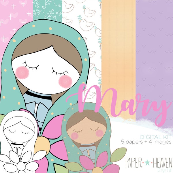 5 Papers + 4 Images. Digital Papers, Scrapbooking, Card Making, Digital Stamps, Cute Clipart, Printable, Virgen Mary, Girl