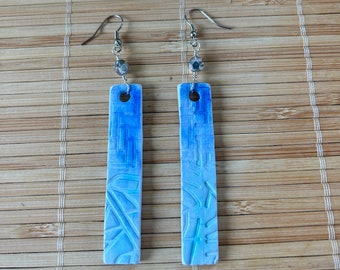 Long Blue Dangle Earrings, Handmade Polymer Clay Lightweight Shoulder Dusters, Floral Motif, Boho Gifts for Women, Bridesmaids, Fashionista,