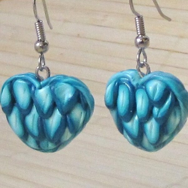 Blue Peacock Feather Dangle HEART Earrings -  Handmade polymer clay