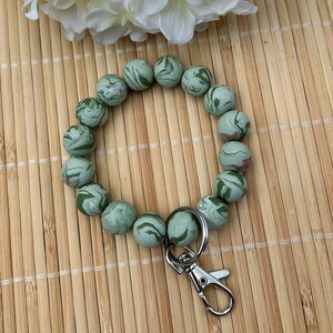 Chunky Wristlet Keychain Boho Bracelet, 15mm Handmade Clay Beads, Adjustable Key Ring Wristlet, Gifts for Women Teacher Nurse Busy Mom Sage Green Swirl