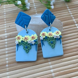 Blue Floral Statement Earrings, Boho Post Polymer Clay Arch Earrings, Lightweight Handmade Earrings, Elegant Gift for Her, Wife, Grandma image 8