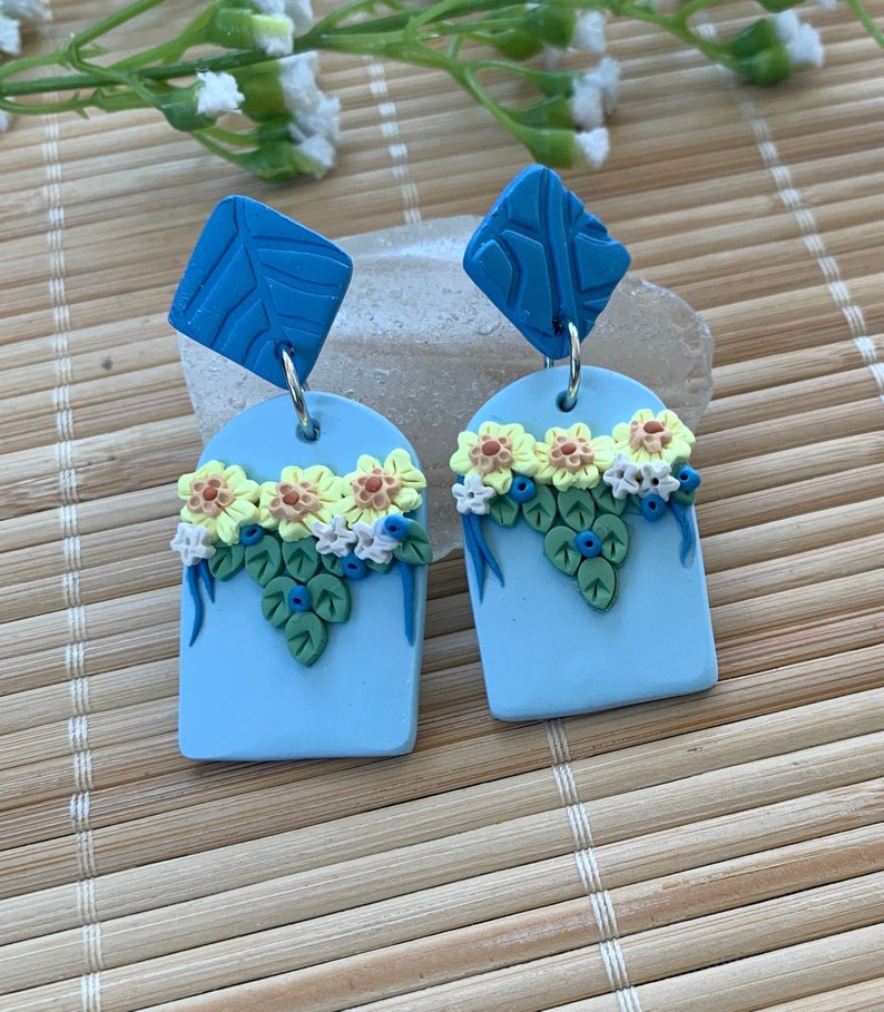 Blue Floral Statement Earrings, Boho Post Polymer Clay Arch Earrings, Lightweight Handmade Earrings, Elegant Gift for Her, Wife, Grandma image 8