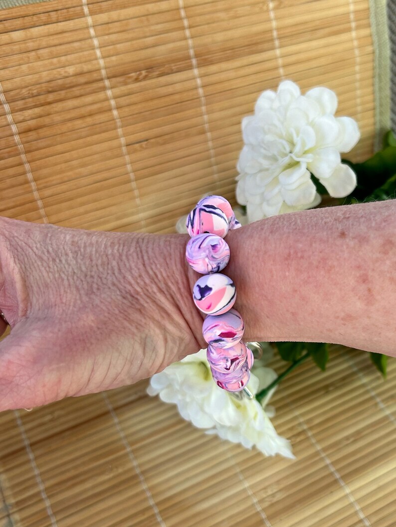 Chunky Wristlet Keychain Boho Bracelet, 15mm Handmade Clay Beads, Adjustable Key Ring Wristlet, Gifts for Women Teacher Nurse Busy Mom image 6