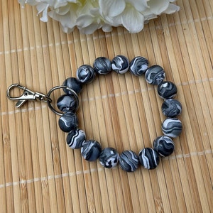 Chunky Wristlet Keychain Boho Bracelet, 15mm Handmade Clay Beads, Adjustable Key Ring Wristlet, Gifts for Women Teacher Nurse Busy Mom Black & White Swirl