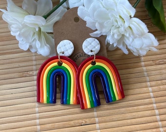 Big Rainbow Dangle Earrings, Lightweight Post Earrings, Handmade LGBTQ Pride Statement Jewelry, Boho Gift for Flower Child, Fashionista