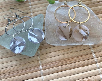 Silver or Gold Polymer Clay Dangle Earrings, Neutral Handmade Lightweight Drop Earrings, Translucent Everyday Boho Earrings, Gifts for Her