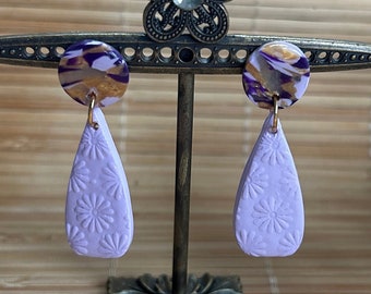 Purple Boho Teardrop Earrings, Floral Polymer Clay Dangle, Lightweight Hypoallergenic Post Earrings, Gifts for Women Bridesmaids Birthday