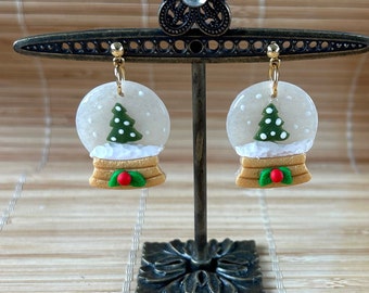 Snow Globe Earrings, Handmade Polymer Clay Holiday Jewelry, Whimsical Lightweight Post Earrings, Unique Gift for Teen, Teacher, Secret Santa