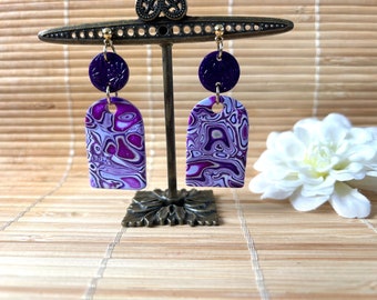 Purple Arch Dangle Earrings, Boho Post Polymer Clay Earrings, Handmade Reversible Lightweight Earrings for Women, Gifts for Girlfriend, Wife