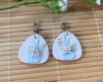 White and Blue Succulent Earrings, Gift for Plant Lover, Boho Dangles, Houseplant Design, Lightweight and Hypoallergenic Handmade Jewelry