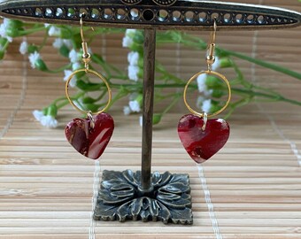 Translucent Red Heart Polymer Clay Dangle Earrings, Handmade Lightweight Drop Earrings, Valentine's Day Boho Earrings, Gifts for Her