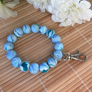 Chunky Wristlet Keychain Boho Bracelet, 15mm Handmade Clay Beads, Adjustable Key Ring Wristlet, Gifts for Women Teacher Nurse Busy Mom Blue Swirl