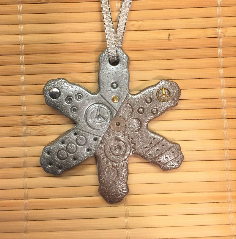 Winter Steampunk Snowflake Ornament Industrial Style Mixed Media Sparkle Decor style 8