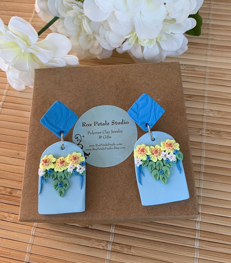 Blue Floral Statement Earrings, Boho Post Polymer Clay Arch Earrings, Lightweight Handmade Earrings, Elegant Gift for Her, Wife, Grandma image 5