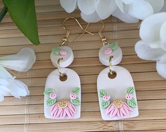 White Boho Clay Arch Earrings, Floral Clay Dangle Earrings, Handmade Drop Earrings for Women, Flower Inspired, Bridesmaid Gifts