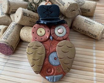 Steampunk Owl Necklace, Polymer Clay Mixed Media Pendant, Cosplayer Accessories,  One of a Kind Gift for Bird Watcher, Friend, Owl Lover