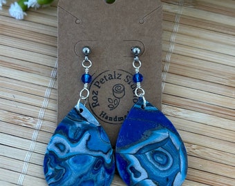 Blue Teardrop Earrings, Reversible Polymer Clay Dangle, Sassy Boho Lightweight Hypoallergenic Post Earrings, Two Sizes, Gifts for Women Her