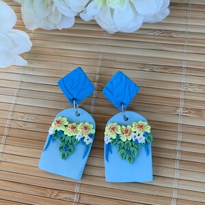 Blue Floral Statement Earrings, Boho Post Polymer Clay Arch Earrings, Lightweight Handmade Earrings, Elegant Gift for Her, Wife, Grandma image 7