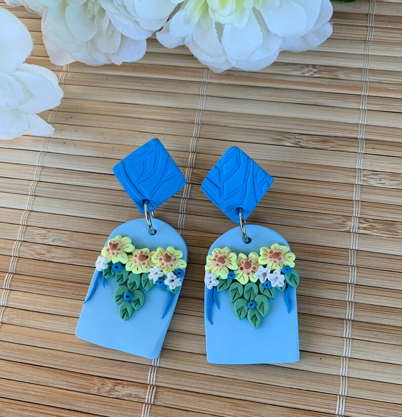 Blue Floral Statement Earrings, Boho Post Polymer Clay Arch Earrings, Lightweight Handmade Earrings, Elegant Gift for Her, Wife, Grandma image 7