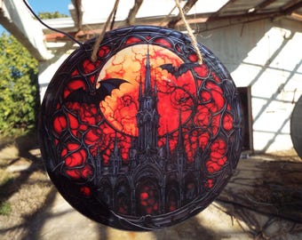 Gothic Sun Catcher Light Catcher Castle Dracula Vampire Bats Window Hanging Protection Charm Home Decoration Outdoor Indoor Decor