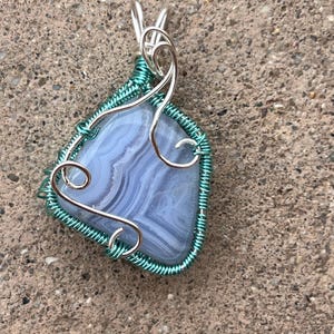 Blue Lace Agate Necklace BLA1, Wire Wrapped Blue Lace Agate Pendant.  Blue Lace Agate Pendant, Blue Lace Agate Necklace, Wrapped Blue Agate