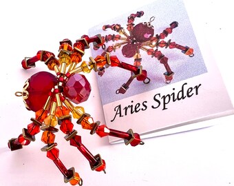 Aries Birthday Gift Aries Spider Pendant  April Wine Charm Aries Ornament April Birthday Charm Fire Sun catcher Spider Red Orange Beaded Spi