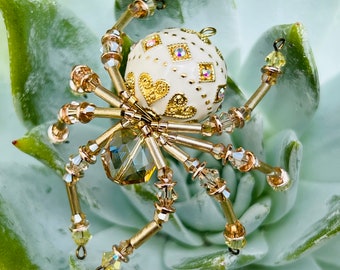 Sweet Heart Spider Charm Cream Gold Spider Charm Christmas Spider Ornament Beaded Spider Pendant Spider Sun Catcher Beautiful Spider